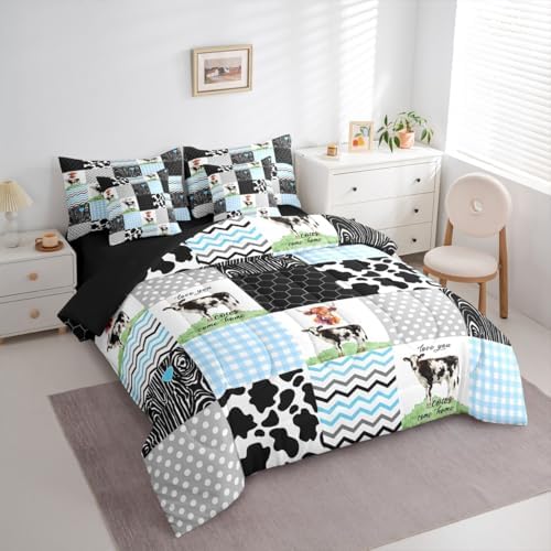 Erosebridal Highland Cow Queen Bedding Set 7 Piece Cartoon Farm Animals Bed in A Bag with Sheets Cute Kawaii Comforter Set,Honeycomb Plaid Pattern Geometric Stripes Bed Sets