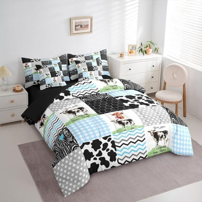 Erosebridal Highland Cow Queen Bedding Set 7 Piece Cartoon Farm Animals Bed in A Bag with Sheets Cute Kawaii Comforter Set,Honeycomb Plaid Pattern Geometric Stripes Bed Sets