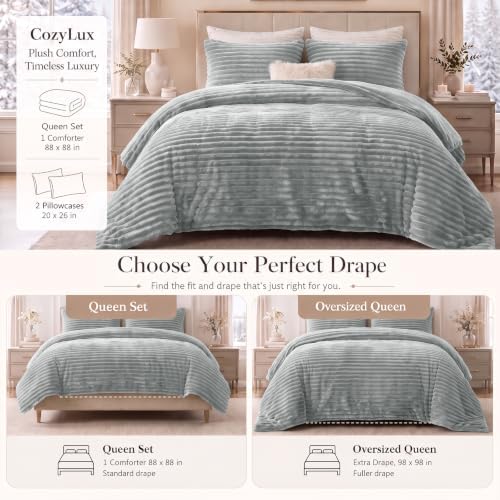 CozyLux Fleece Queen Comforter Set, 3 Piece Winter Warm Light Grey Bedding