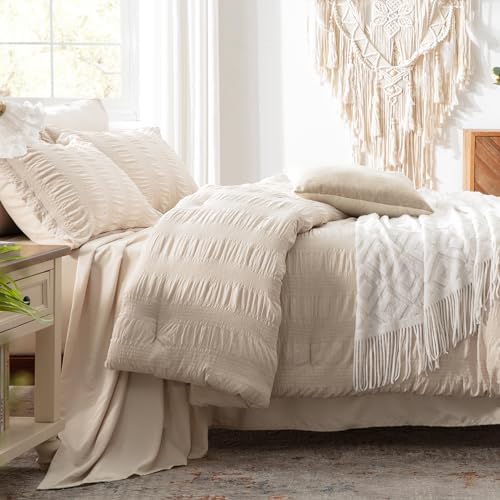 Zzlpp King Size Comforter Set 7 Piece, Beige Bed in a Bag King Bedding Sets