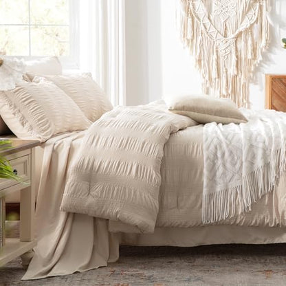 Zzlpp King Size Comforter Set 7 Piece, Beige Bed in a Bag King Bedding Sets