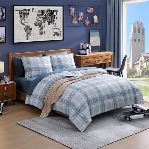 Plaid Full Size Comforter Set Light Blue 7 Pieces Farmhouse Bed in a Bag