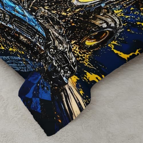 AILONEN Full Comforter Set 3 Piece, Blue Yellow Off Road Truck 3D Printed Bedding with 2 Pillowcases, Soft Breathable Microfiber Checkered Racing Decor for Guest Room