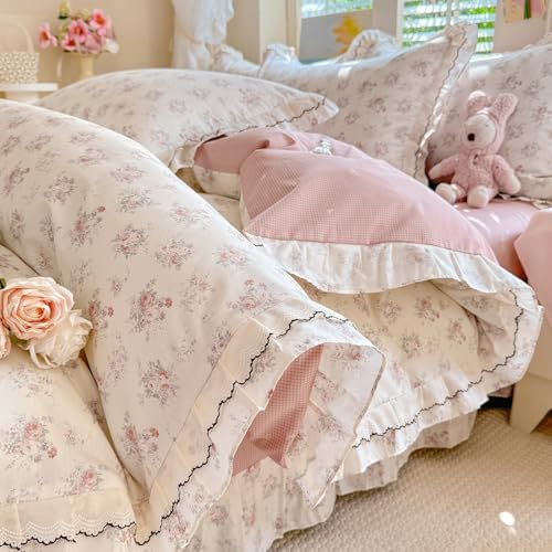 LifeTB Vintage Floral Duvet Cover Set Twin XL, Aesthetic Pink Flower Bedding Set with Romantic Ruffle, 100% Cotton Botanical Cottagecore Duvet Cover, Princess Lace Comforter Cover with 2 Pillowcases