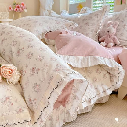 LifeTB Vintage Floral Duvet Cover Set Twin XL, Aesthetic Pink Flower Bedding Set with Romantic Ruffle, 100% Cotton Botanical Cottagecore Duvet Cover, Princess Lace Comforter Cover with 2 Pillowcases