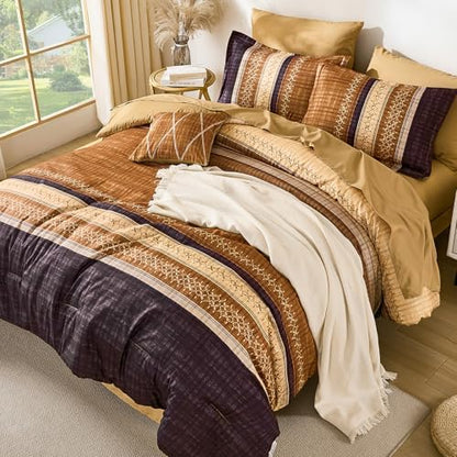 Dintszyayue Boho Queen Comforter Size Set, 8 Pieces Striped Texture Gold Purple Bed in a Bag Sets, Lightweight Soft Bohemian Comforter and Sheet Set, All Season Microfiber Bedding Sets for Men Women