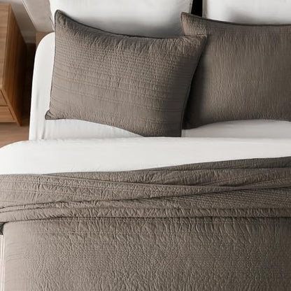 EVERGRACEHOME 100% Cotton Modern Lines Quilt Set King Size, Mushroom Brown