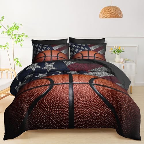 QOOMO Basketball Comforter Set Twin,7-Piece Kids Bedding Set for Boys