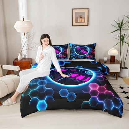 Erosebridal Bowling Games Bedding Sets King - Neon Ball Game Comforter Set for Kids Adults Hexagon Honeycomb Duvet Insert Modern Geometric Quilt