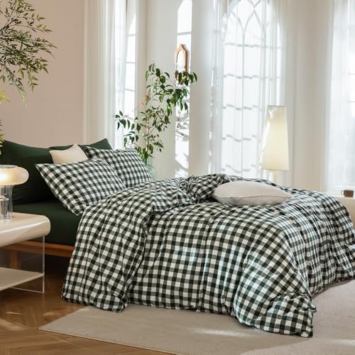 JIYUAN Queen Washed Cotton Duvet Cover Set, 3-Piece, Large Gingham