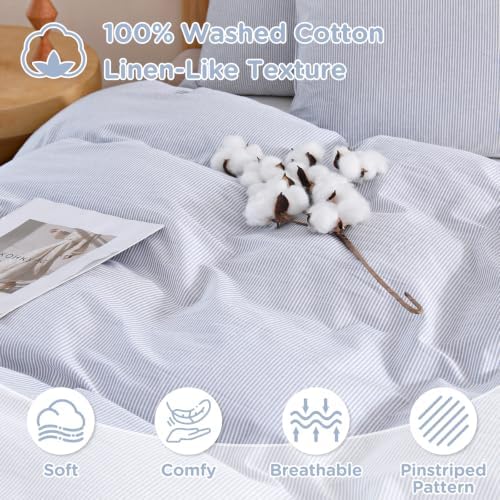 TOCOMOA Blue Striped Duvet Cover Set 100% Washed Cotton Like Linen, Queen