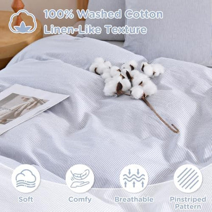 TOCOMOA Blue Striped Duvet Cover Set 100% Washed Cotton Like Linen, Queen
