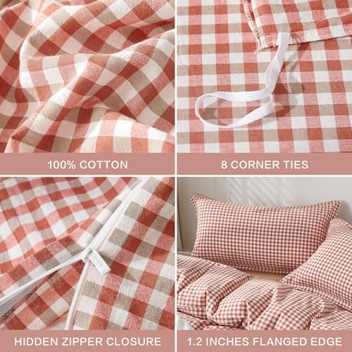 SAPHREAS Gingham Duvet Cover Set Full Size, 100% Washed Cotton Linen Like Plaid Comforter Cover with Zipper Closure & Corner Ties (No Comforter), 80x90 Brick Red