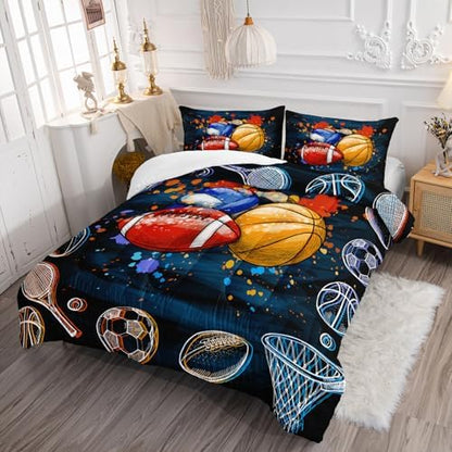 Axolotl Ball Game Bedding Set King Size,3 Piece Basketball Volleyball Comforter Set,Cartoon Soccer Football Sports Bedding,Colorful Ball Sport Bed for Kids Boys Teens,1 Quilt 2 Pillowcases