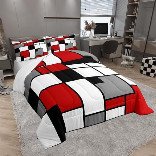 Gray Black Red White Square Comforter Set Queen Boys Teens Geometric Grid Room Decor Fashion Color Bedding Set,Soft Lightweight Modern Abstract Duvet,Youth Young Man Quilt,1 Comforter + 2 Pillowcase