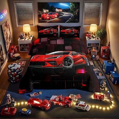 Erosebridal Racing Car Comforter Set Toddler Red Sports Car Bedding Set for Boys Speed Extreme Sports Theme Down Comforter Car Racing Quilt Black Red Geometric Square Duvet Insert 2Pcs Bedding Decor