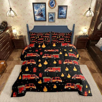 Erosebridal Fire Truck Queen Comforter Set for Boys, Black and Red Bedding Set for Firefighter Room Decor, Cartoon Red Firemen Car Comforter, Fire Engine Duvet Insert with 2 Pillowcase, 3 Pcs