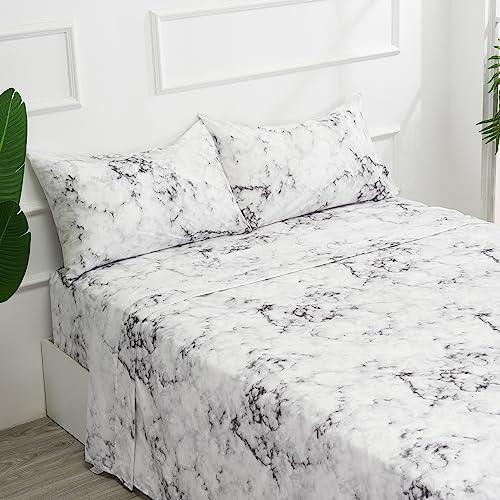 Best Season Bed Sheet Set 4 Pieces -Full Size-Soft Durable Microfiber Bedding Sheet Set,Deep Pocket,Stain,Fade & Wrinkle Resistant(White Marble)
