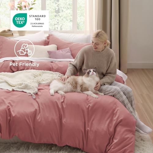 Bedsure Prewashed Duvet Cover King, Cotton-Like Soft Bedding Set, Pink Clay