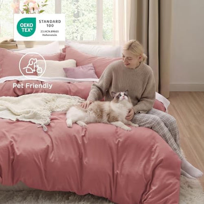 Bedsure Prewashed Duvet Cover King, Cotton-Like Soft Bedding Set, Pink Clay