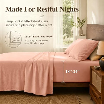 MEISHANG 100% French Linen Sheets Queen,4 Pcs,18-24" Extra Deep Pocket