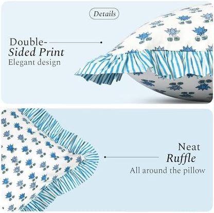 CPC Block Print Arctic Blue Ruffle Cotton Lumbar Pillow Cover 12x20 inch