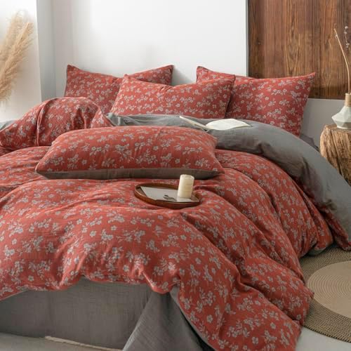 VM VOUGEMARKET Linen Cotton Duvet Cover Set Queen Size,Rust Red Floral Print, Double Layer Gauze, Soft Breathable Bedding Set with Zipper Closure, 3 Pieces (1 Duvet Cover + 2 Pillow Shams)
