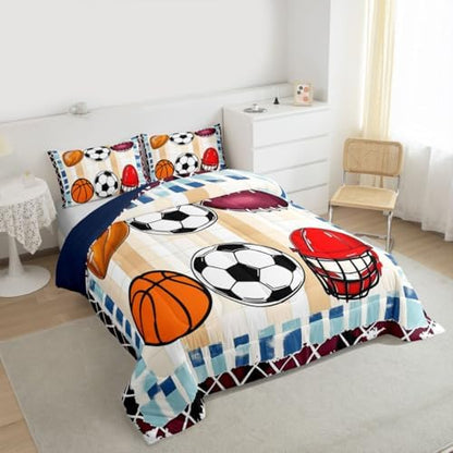 jejeloiu Ball Games Kids Comforter Set Toddler Size Soccer Basketball Baseball Football Bedding Set Gaming Sports Duvet Quilt for Kids Boys Girls Bedroom Sports Theme Decor Microfiber Ultra Soft