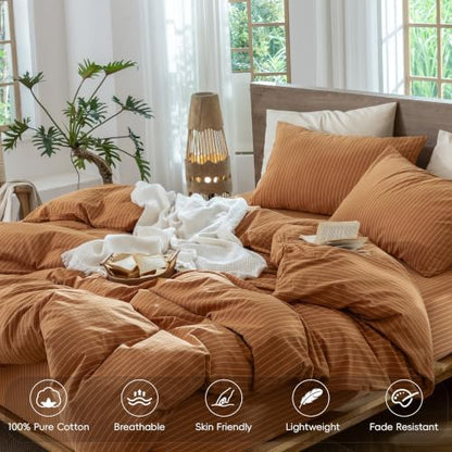MooMee Striped Duvet Cover Set 100% Washed Cotton Linen Like Queen