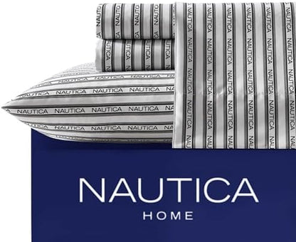 Nautica - Twin Sheet Set, Breathable & Cooling Microfiber Bedding with Matching Sham(s), Casual Home Decor (Striped Nautica Logo Grey, Twin)