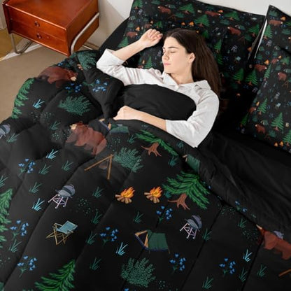 Erosebridal Hunting Bear 7 Piece Comforter Set Twin Bed in a Bag,Happy Camping Bedding Set for Kids,Camper Theme Down Comforter,Pine Tree Woodland Sheet Set,Wild Animals Quilt Bedroom Decor,Black