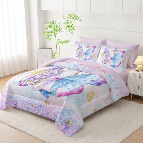 7Pcs Cartoon Butterfly Comforter Set Watercolor Printed Bedding Set with 1 Comforter, 1 Flat Sheet, 1 Fitted Sheet and 4 Pillowcases for Bedroom All Season(Butterfly-3 Full)