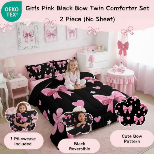 jejeloiu Bowknot Comforter Set All Season Black Pink Bedding Set with 1 Pillow Cases Pink Bow Microfiber Kids Twin Bedclothes Colourful Bowknot Bedroom Decor Duvet Quilt Breathable