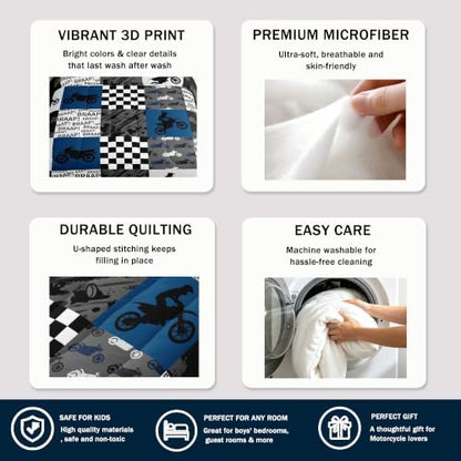 Dirt Bike Bedding Set Full Size Black Grey Blue Motocross Rider Comforter Set Kids Boys Teens Men Bedroom Racing Themed Patchwork Grid Quilt Set Fashion Motorcycle Silhouette Duvet Insert 3pcs