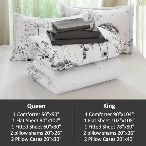 Yiran King Comforter Size Set, 7 Piece Grey Dandelion Floral Bed in a Bag