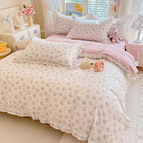 LifeTB Vintage Floral Duvet Cover Set Full, Aesthetic Pink Flower Bedding Set with Romantic Ruffle, 100% Cotton Botanical Cottagecore Duvet Cover, Princess Lace Comforter Cover with 2 Pillowcases