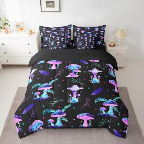 Erosebridal Cute Mushroom Queen Comforter Set with Sheets 7 piece Glowing Mushrooms Bed in A Bag Country Farmhouse Plant Bedding Sets for Kids Boys Girls,Galaxy Starry Sky Bed Set