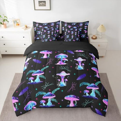 Erosebridal Cute Mushroom Queen Comforter Set with Sheets 7 piece Glowing Mushrooms Bed in A Bag Country Farmhouse Plant Bedding Sets for Kids Boys Girls,Galaxy Starry Sky Bed Set