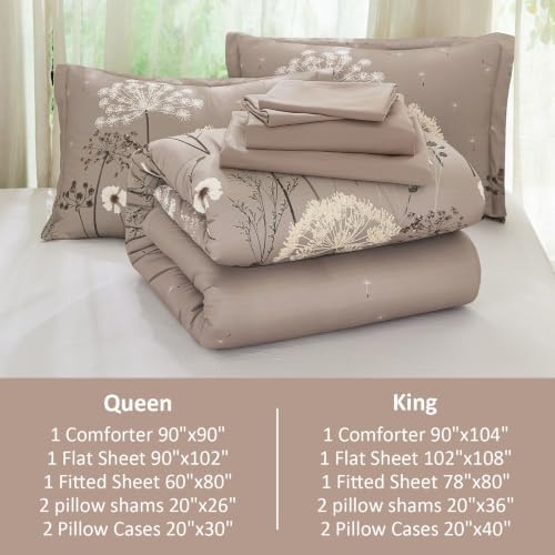 Yiran Queen Comforter Size Set, 7 Piece Brown Dandelion Floral Bed in a Bag