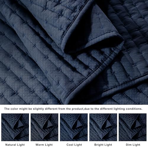 WDCOZY Navy Blue Cross Stitch King Size Quilt Set, Striped Lightweight Soft Bedspread, Channel Farmhouse Rustic Coverlet, All Season Country Bedding, Thin Comforter