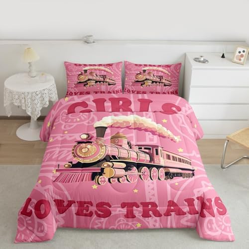Feelyou Girls Pink Vintage Train Comforter Set Queen Size Retro Steam Engine Bedding Set Kids Railway Track Vehicle Locomotive Transport Duvet Quilt Room Decor