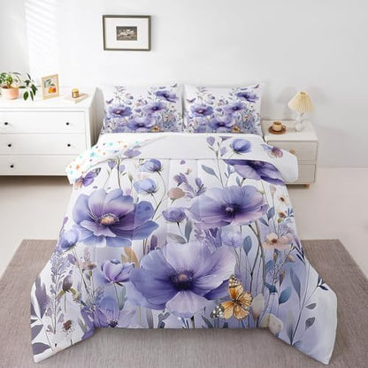 jejeloiu Purple Floral Flower Comforter Set Twin Size Kids Wildflower Bedding Set for Boys Girls Teens Botanical Duvet Breathable Blossom Plant Quilt Bedroom Decor,1 Comforter with 1 Pillowcase