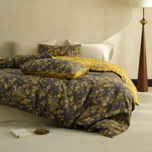 Simple&Opulence Muslin Duvet Cover Set Queen Size, 100% Washed Cotton 3 Pieces Yarn-Dyed Vintage Grey Floral Jacquard Textured Bedding, Soft & Breathable Gauze Comforter Cover with Zipper Closure