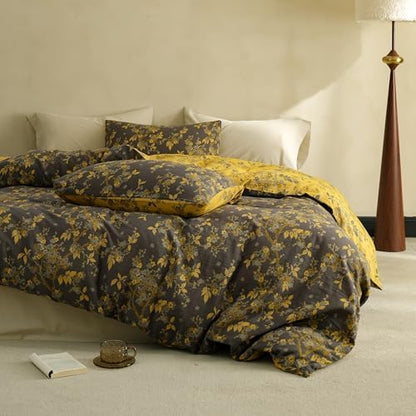 Simple&Opulence Muslin Duvet Cover Set Queen Size, 100% Washed Cotton 3 Pieces Yarn-Dyed Vintage Grey Floral Jacquard Textured Bedding, Soft & Breathable Gauze Comforter Cover with Zipper Closure