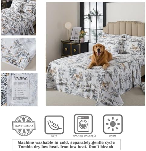 FADFAY Twin XL Toile Sheets Set Dorm Room Essential Bedding 100% Egyptian Cotton Soft Breathable Sheet Classic Black and Gold French Country Vintage Farmhouse Sheet Extra Long for College Bedding 4Pc