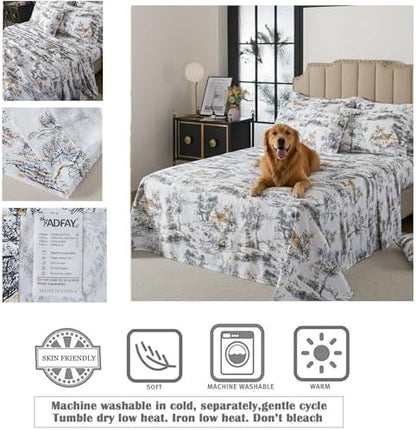 FADFAY Toile Sheets Set Queen 100% Egyptian Cotton French Country Toile de Jouy Bedding Classic Black and Gold Floral Bed Sheets Shabby Farmhouse Bedding Breathable Soft Deep Pocket 4Pcs, Queen Size