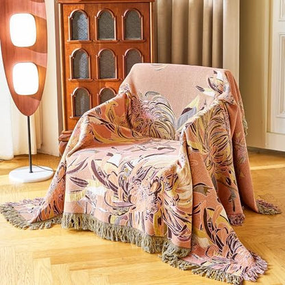 VANJOROY Boho Throw Blanket 60" x 80", 100% Organic Cotton Breathable Skin-Friendly Ultra Soft Bed Quilt Throw - Floral Rustic Decor Luxury Reversible Blanket for Sofa Couch Chair and Gift,