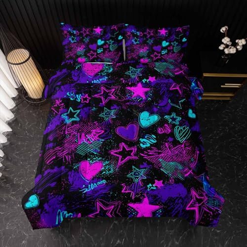 Nttopship Purple Stars Comforter Set King Size,Galaxy Starry Printed Bedding Set,Purple Heart Room Decor with Soft and Lightweight Comforter and 2 Pillowcases