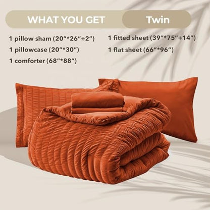 HYMOKEGE Burnt Orange Twin Comforter Set Seersucker 5 Pieces, All Season Luxury Bed in a Bag for Bedroom, Bedding Set with Comforters, Sheets, Pillowcase & Sham
