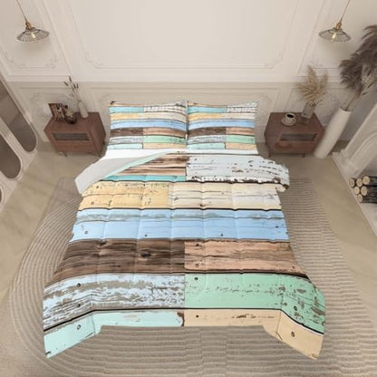 jejeloiu Colorful Wood Grain Comforter Set All Season Retro Farmhouse Bedding Set with 1 Pillow Cases Modern Abstract Microfiber Kids Toddler Bedclothes Rustic Cabin Country Bedroom Decor Duvet Quilt